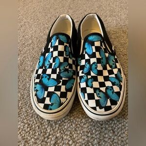 Women’s Vans Size 8 Slip-On Shoes with Blue Butterfly Design